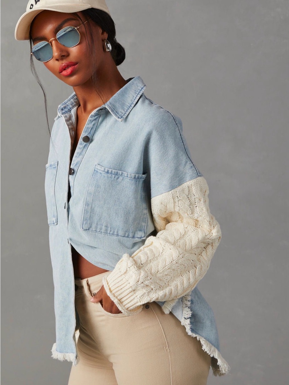 VICI Cable Knit Contrast Denim Shacket - Picture 2 of 2
